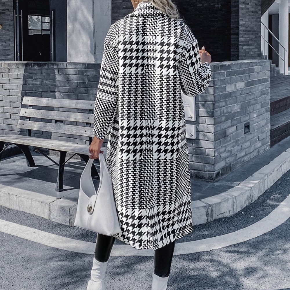black white houndstooth long trench pea coat jacke - Picture 6 of 7